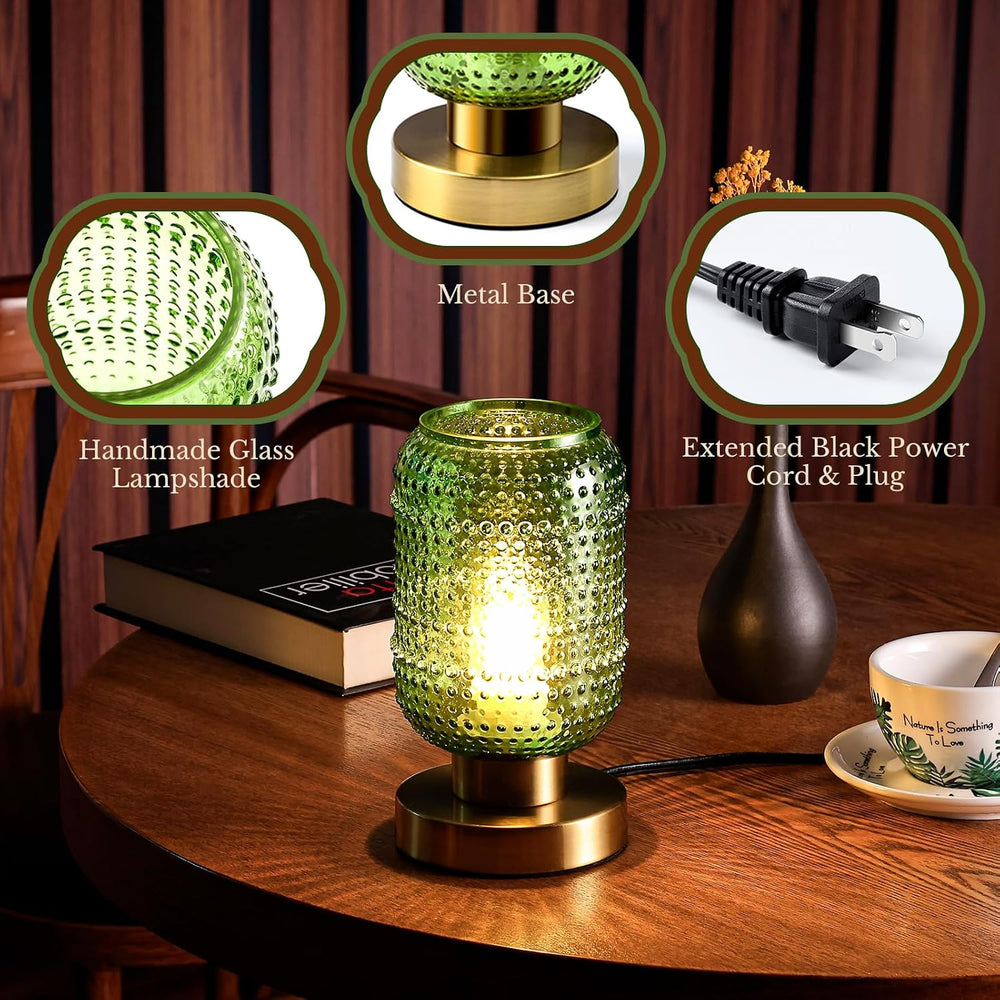 ZYER 8.9in Green Glass Table Lamp, Touch Control Lamp, Small Vintage Lamp