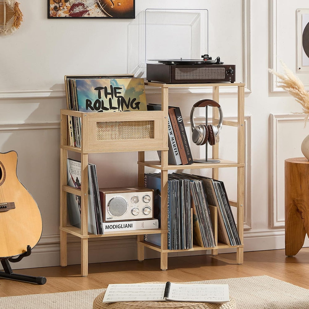 LELELINKY Record Player Stand, Natural Oak Wood Record Holder with Vinyl Stor...