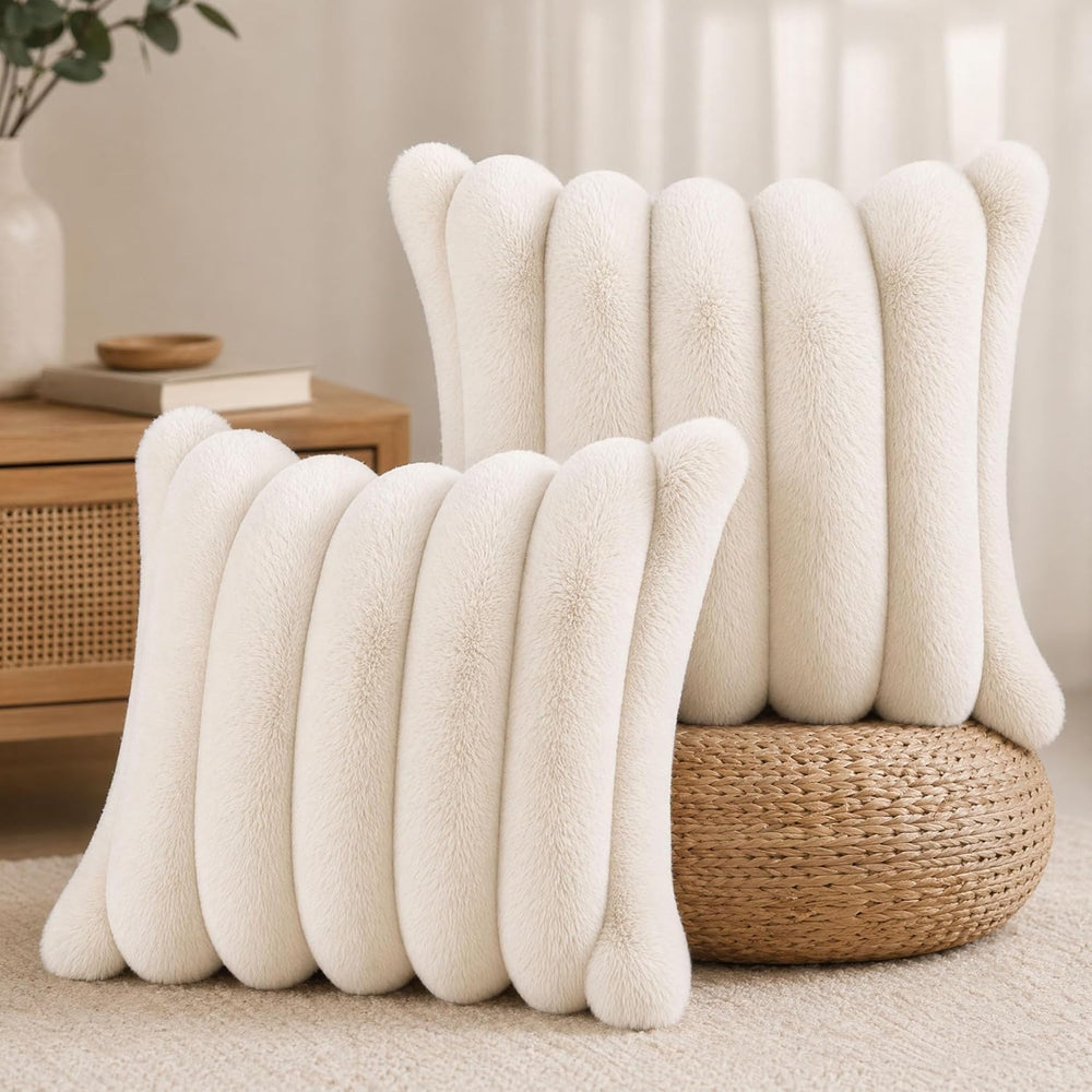 Faux Fur Decorative Throw Pillow Covers 20x20 Set of 2, Beige