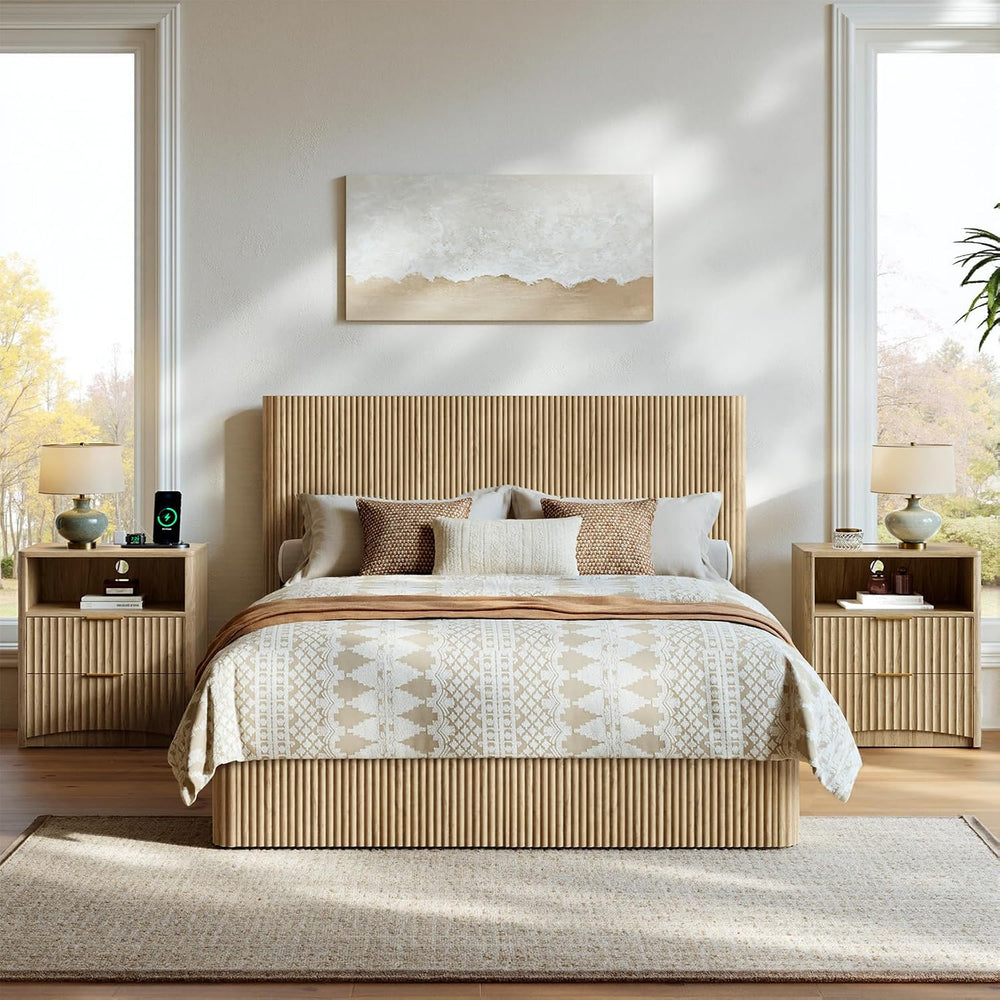 Evermagin Queen Bedroom Set, Storage Bed Frame & Charging Nightstands, Oak