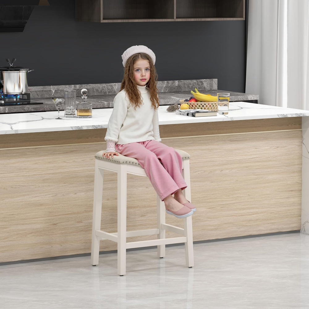 27" Backless Saddle Counter Stools Set of 2, Hand-brushed Wood Finish Legs