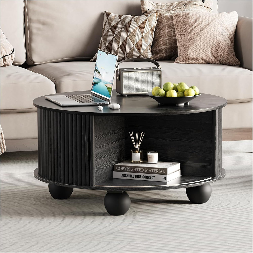 JOINICE 31.5" Round Coffee Table with Storage,Unique Bun Feet,Black
