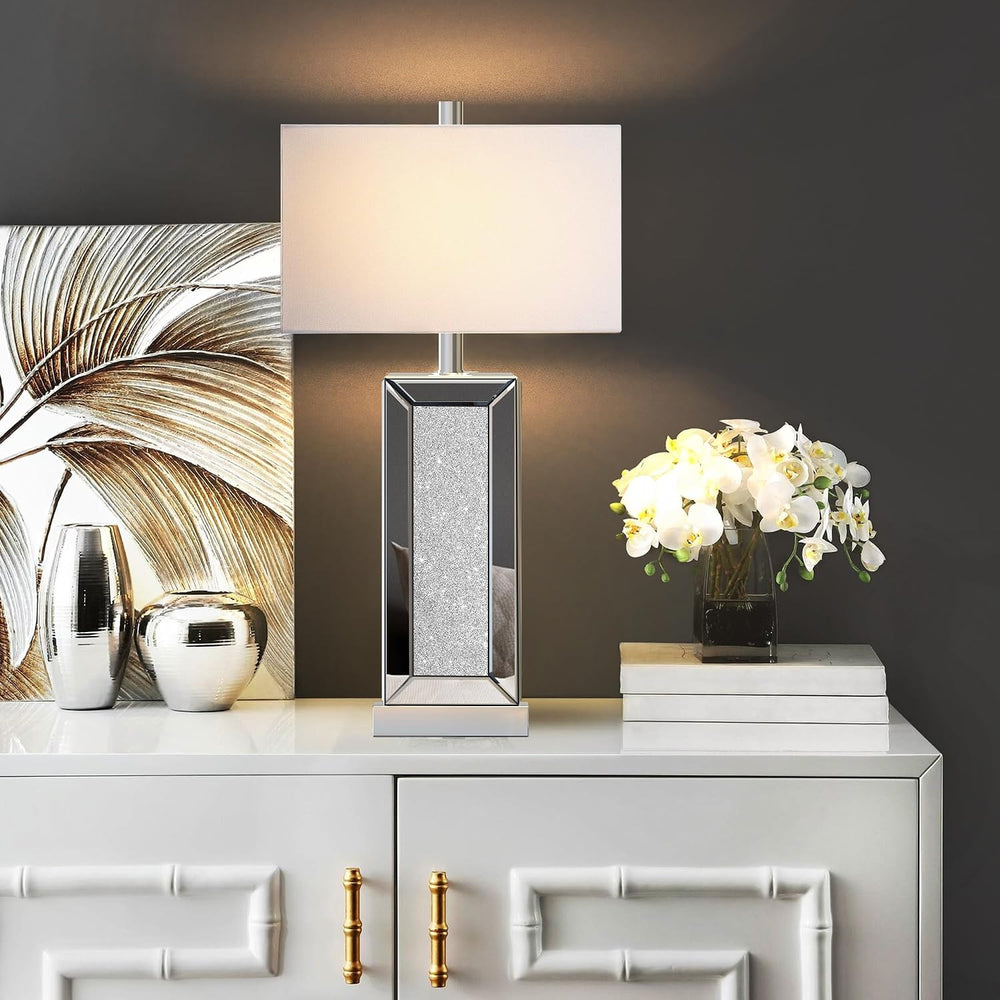 Modern Table Lamp Set of 2 Touch Control, Silver Mirror Diamond Crystal Bedsi...
