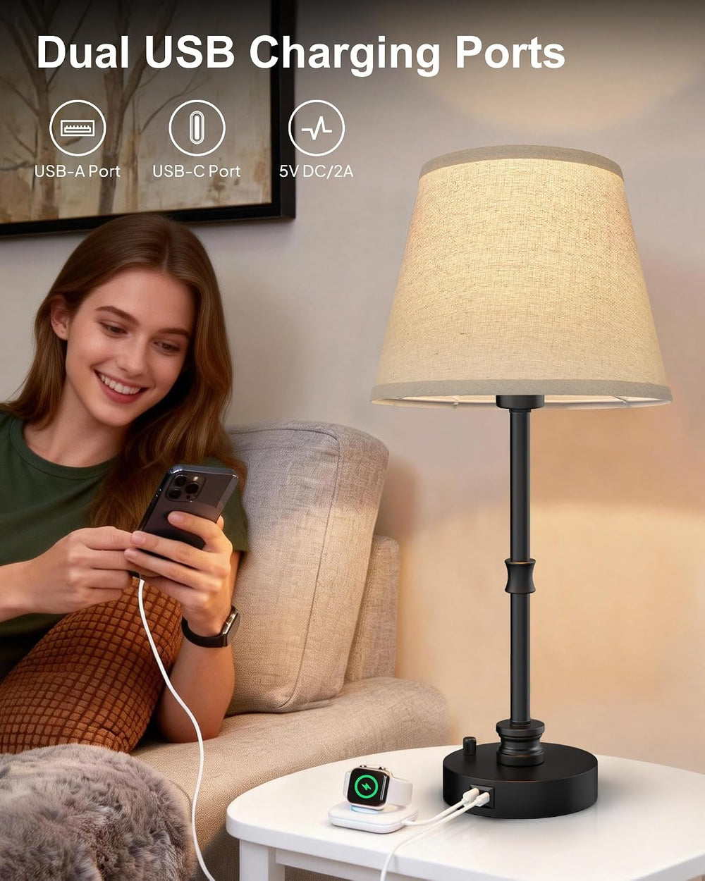 EppieBasic 24" Bedside Table Lamps Set of 2 with 3-Way Rotary Dimming