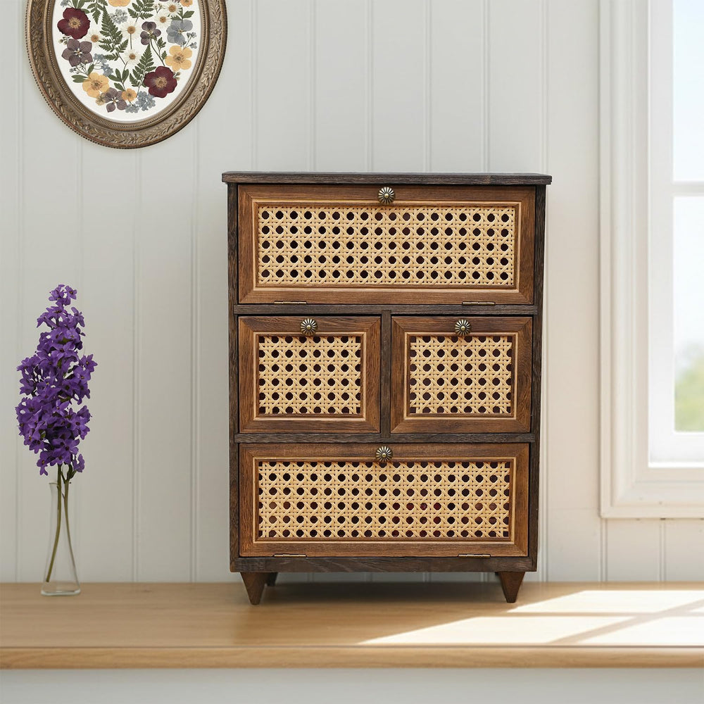 Ikee Design Small Rattan Countertop Storage Cabinet with Doors with Shelves