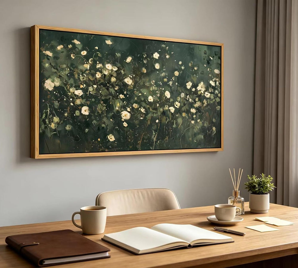KIRFOLUC Large Abstract Floral Wall Art Dark Green White Botanical Wildflower...
