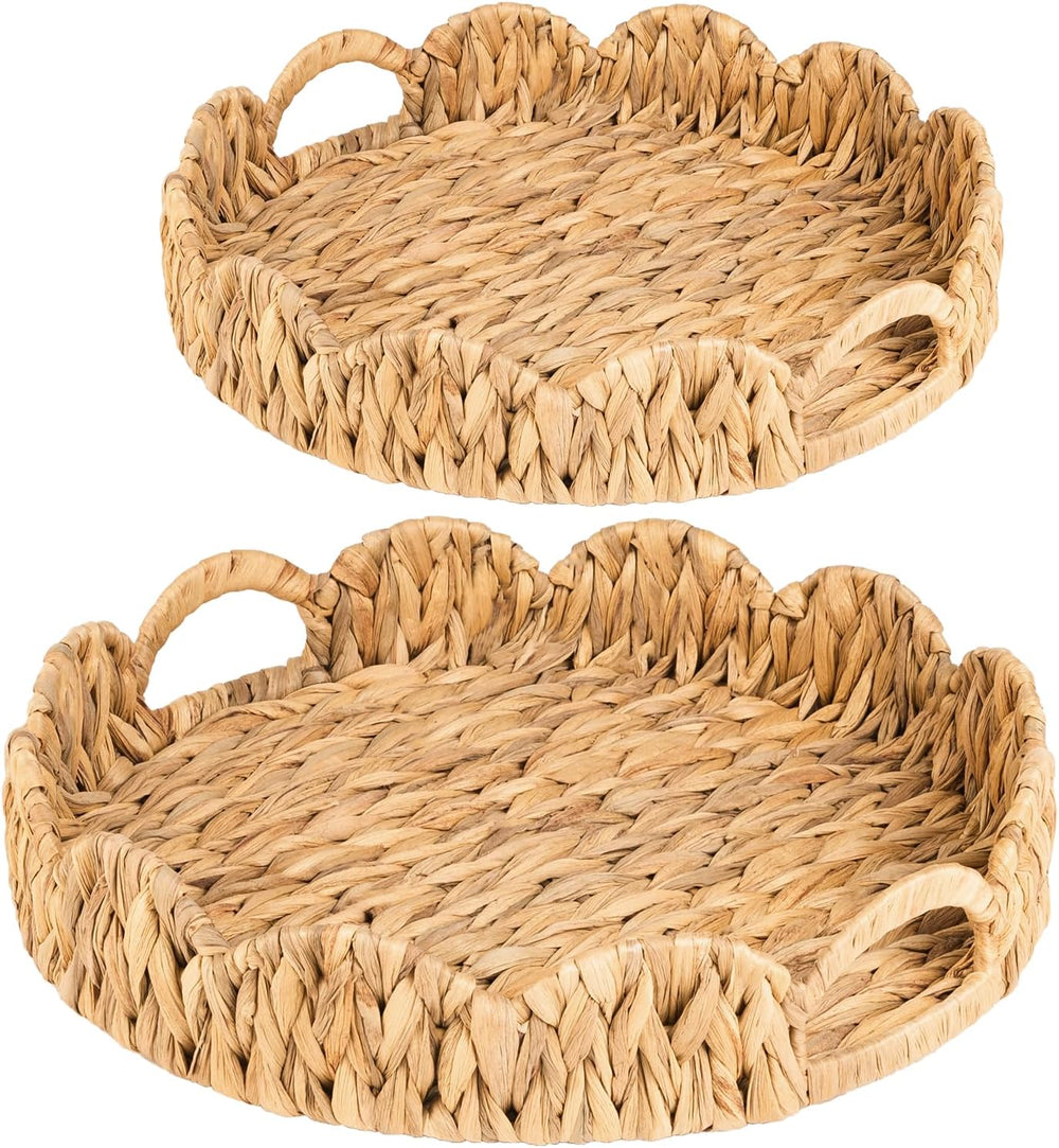 2-Pack Wicker Basket Tray, Round Serving Tray with Handles, Rattan Woven Deco...