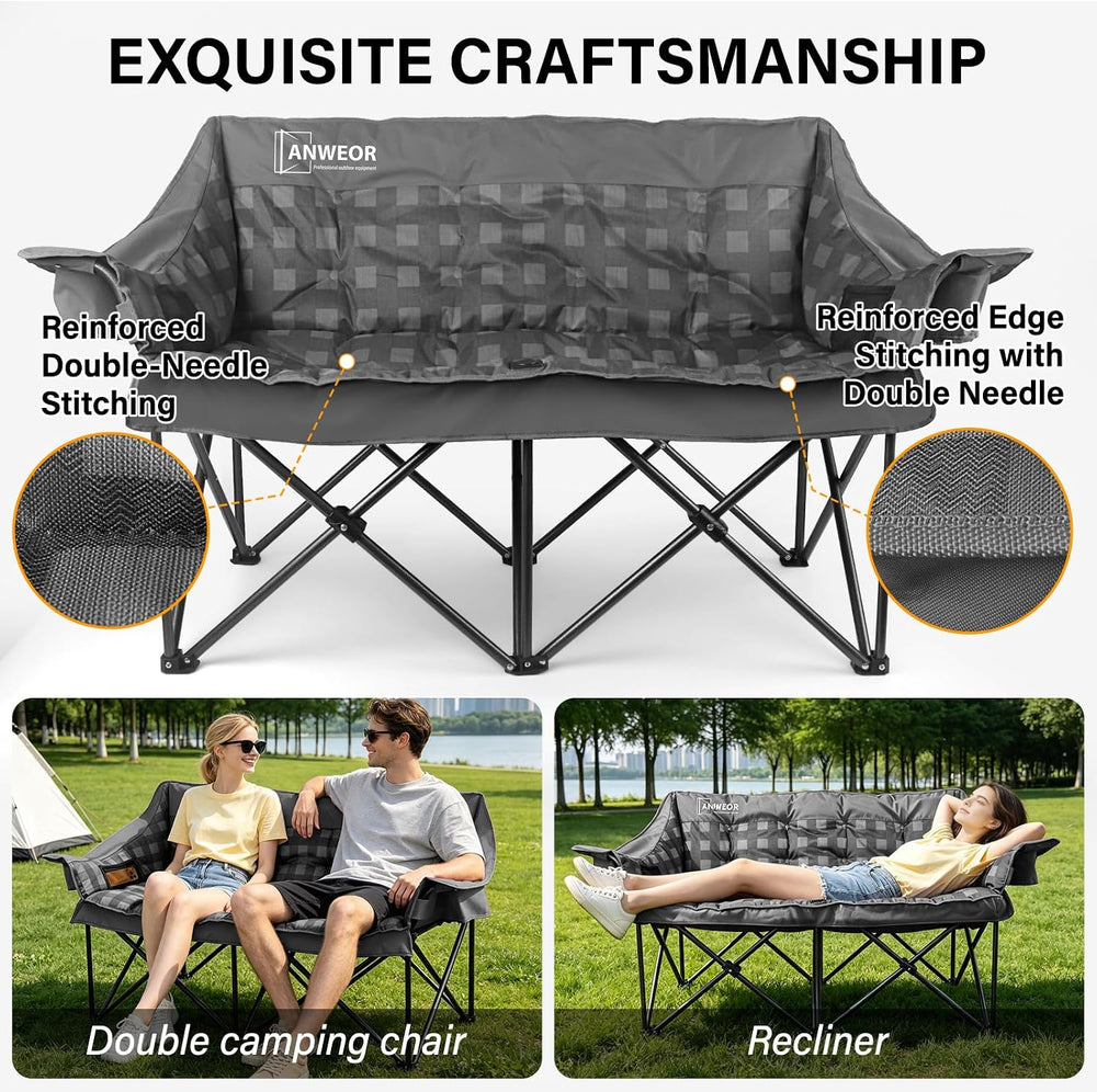 Double Camping Chair for Adult,Heavy Duty Padded Loveseat Chair,Gray