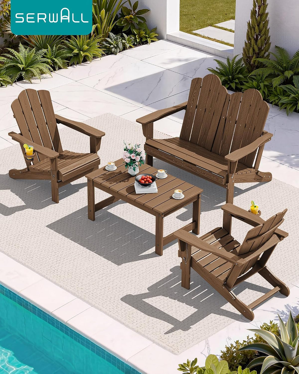 SERWALL HDPE Outdoor Coffee Table with Umbrella Hole, Brown