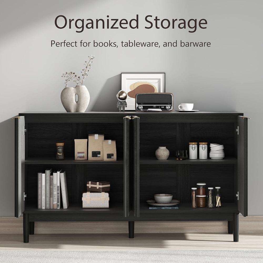 55" Fluted Buffet Cabinet with Storage, Accent Cabinet, Black