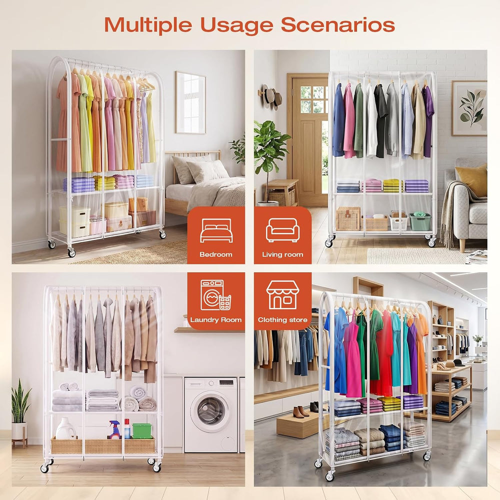 Univivi Rolling Clothes Rack with Clear Dust Cover and Bottom Storage Shelf