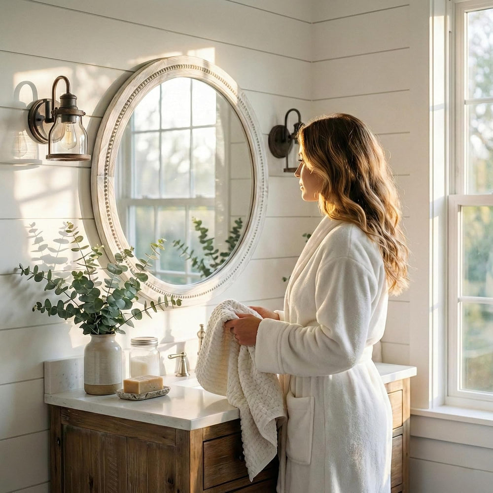 Solid Wood 30 Inch Round Beaded Bathroom Mirror, Distressed White