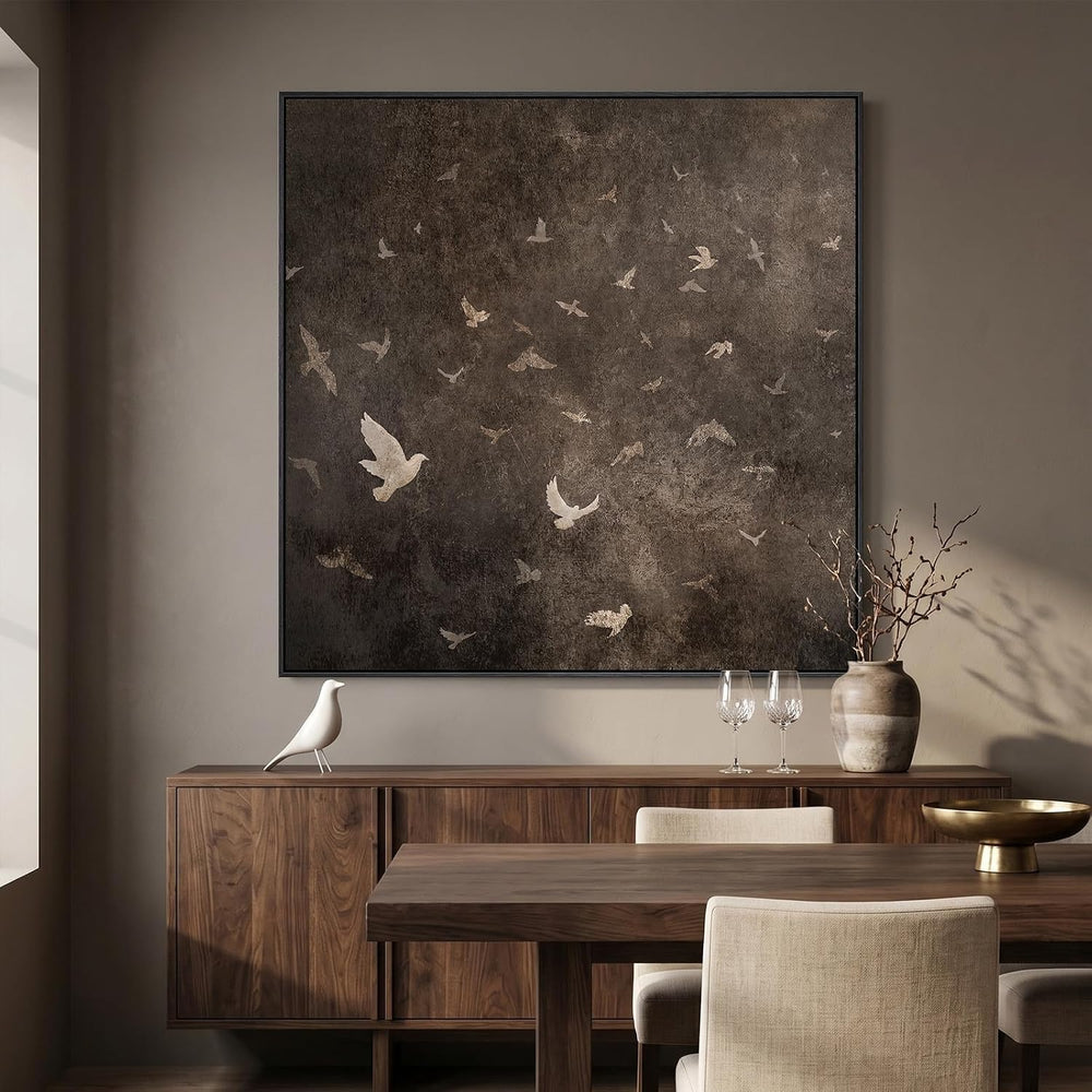 Extra Large Framed Vintage Bird Brown Wall Art for Living Room, Square