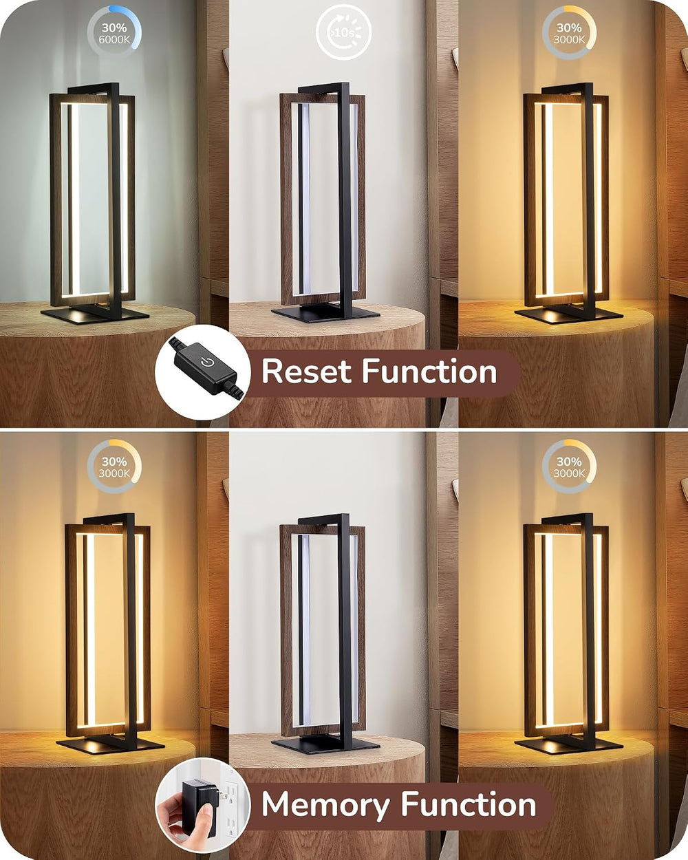 EDISHINE Modern LED Table Lamp, Minimalist Bedside Lamp, Walnut Wood Grain