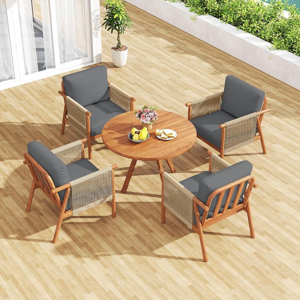 Tangkula Acacia Wood Patio Club Chair Set of 4, Boho Accent Chair with Woven ...