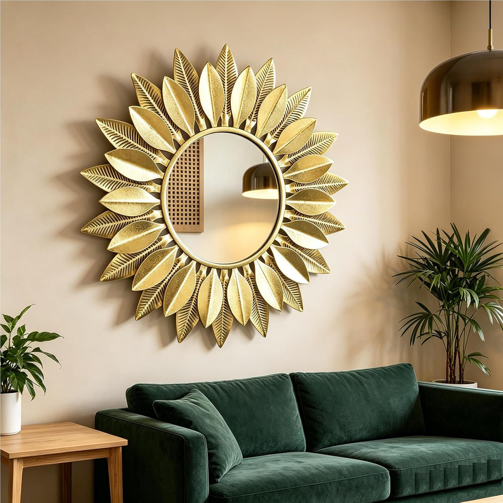 24" Gold Sunburst Flower Decorative Round Mirror for Wall Decor