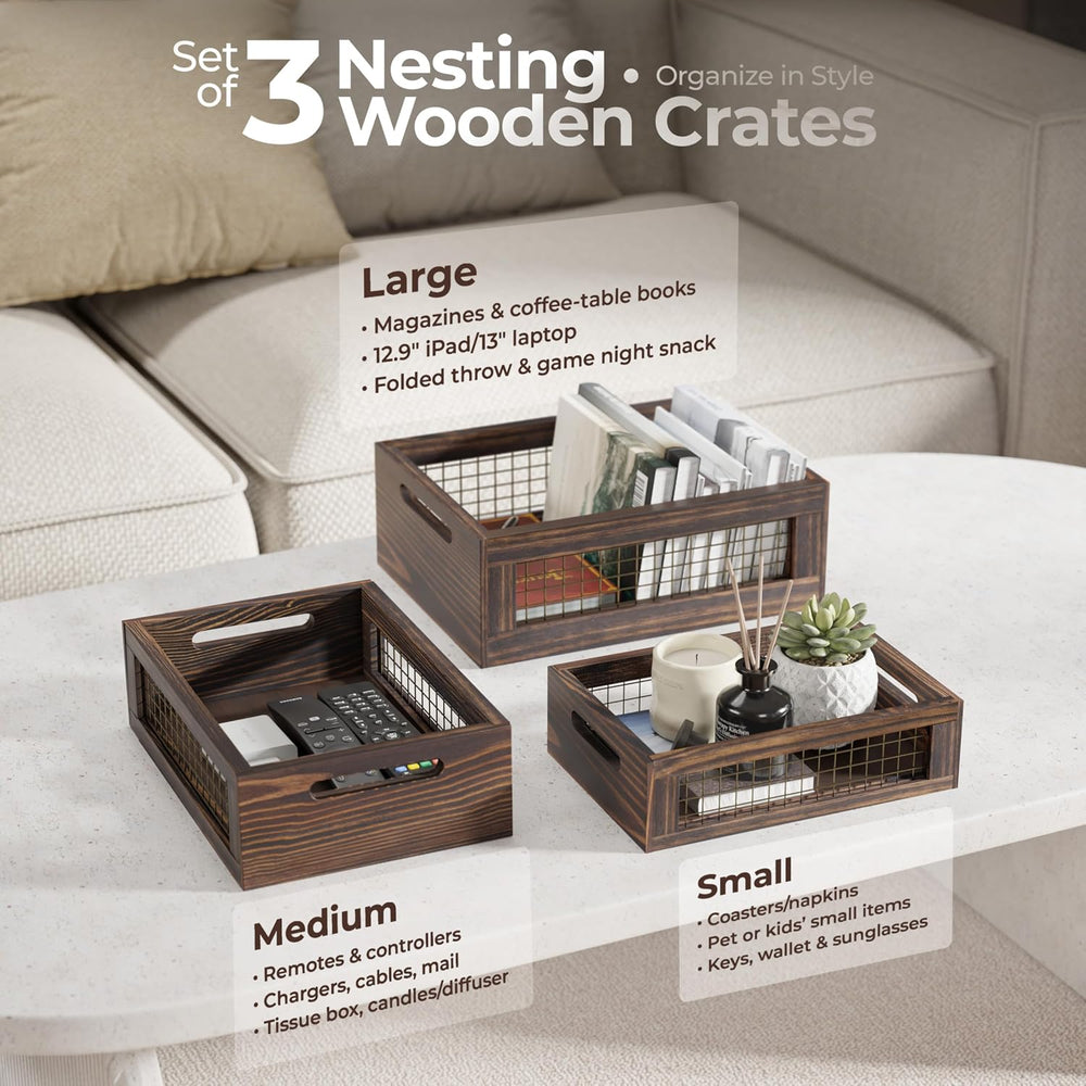 Set of 3 Large Wooden Nesting Countertop Basket for Display