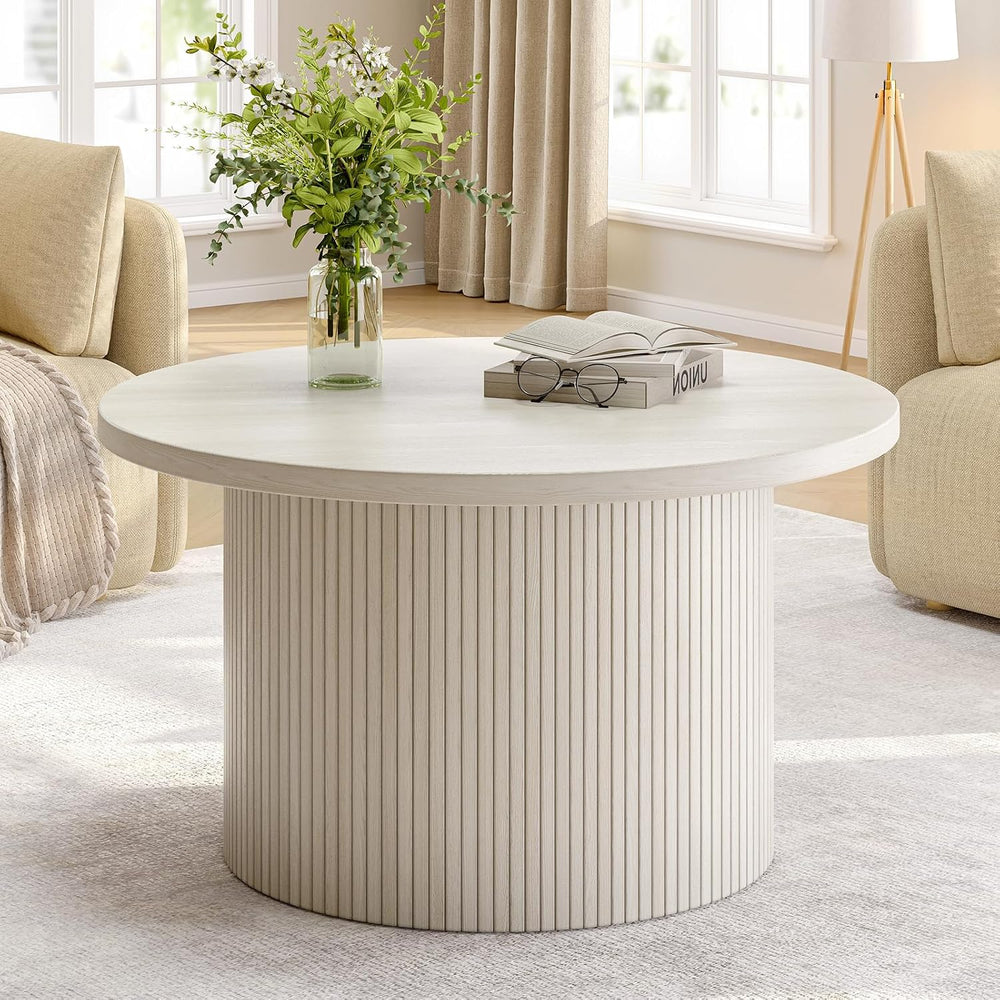 ONBRILL 31.5" Round Coffee Table, Tambour Design, White