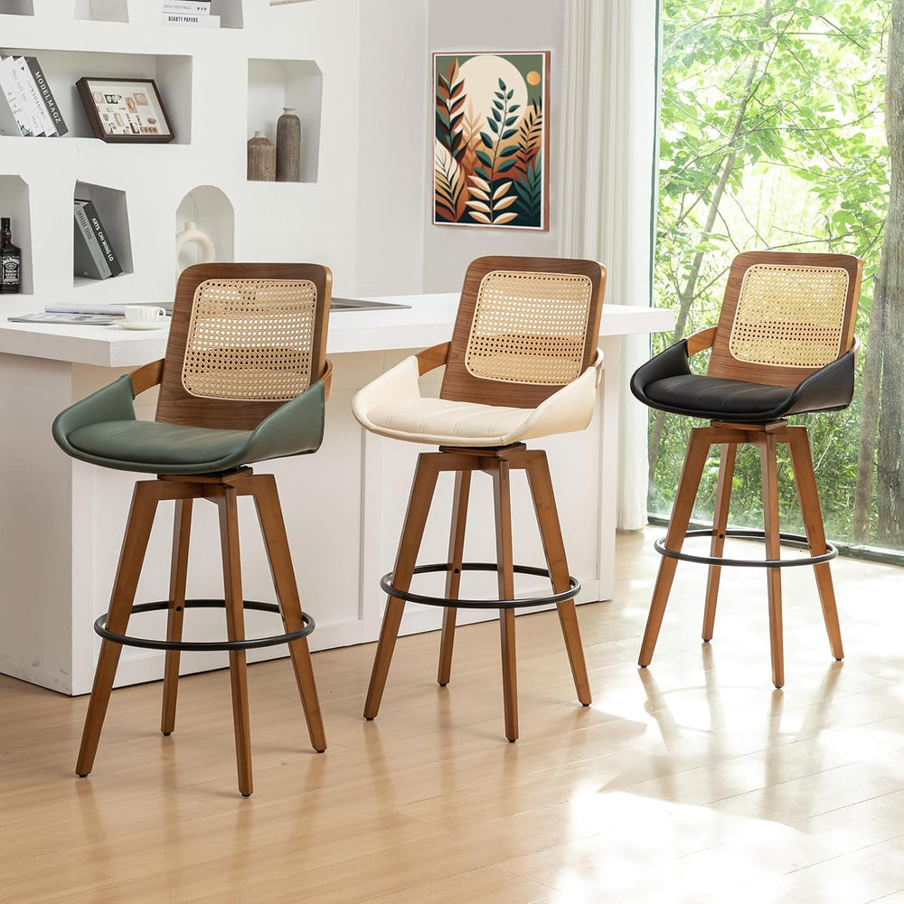 Rattan Swivel Bar Stools, Mid Century Bar Height Bar Stools with Back