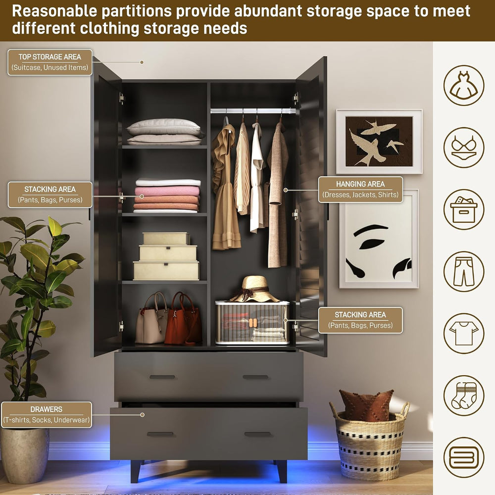 jiteentarou 2 Door Armoire Wardrobe Closet Cabinet with Drawers and LED Light...