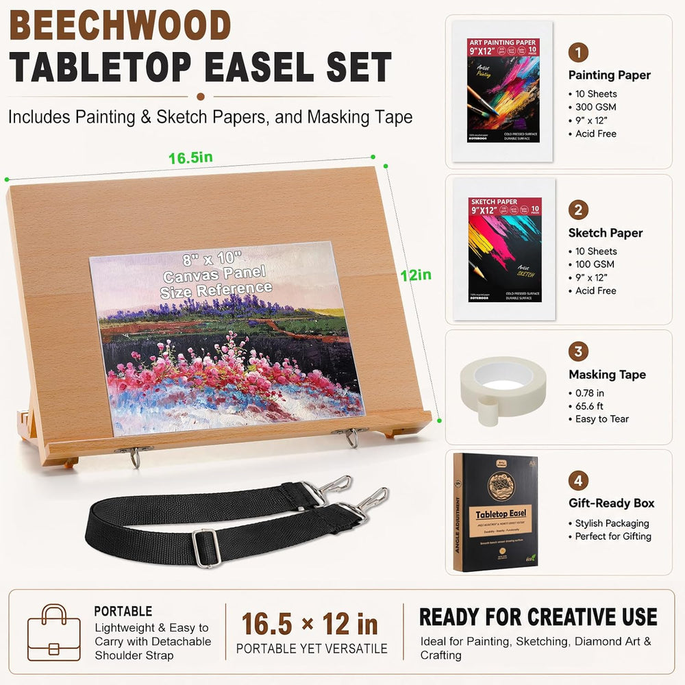 16.5"x12" Beechwood Tabletop Easel with Paint and Sketch Papers,Mas...