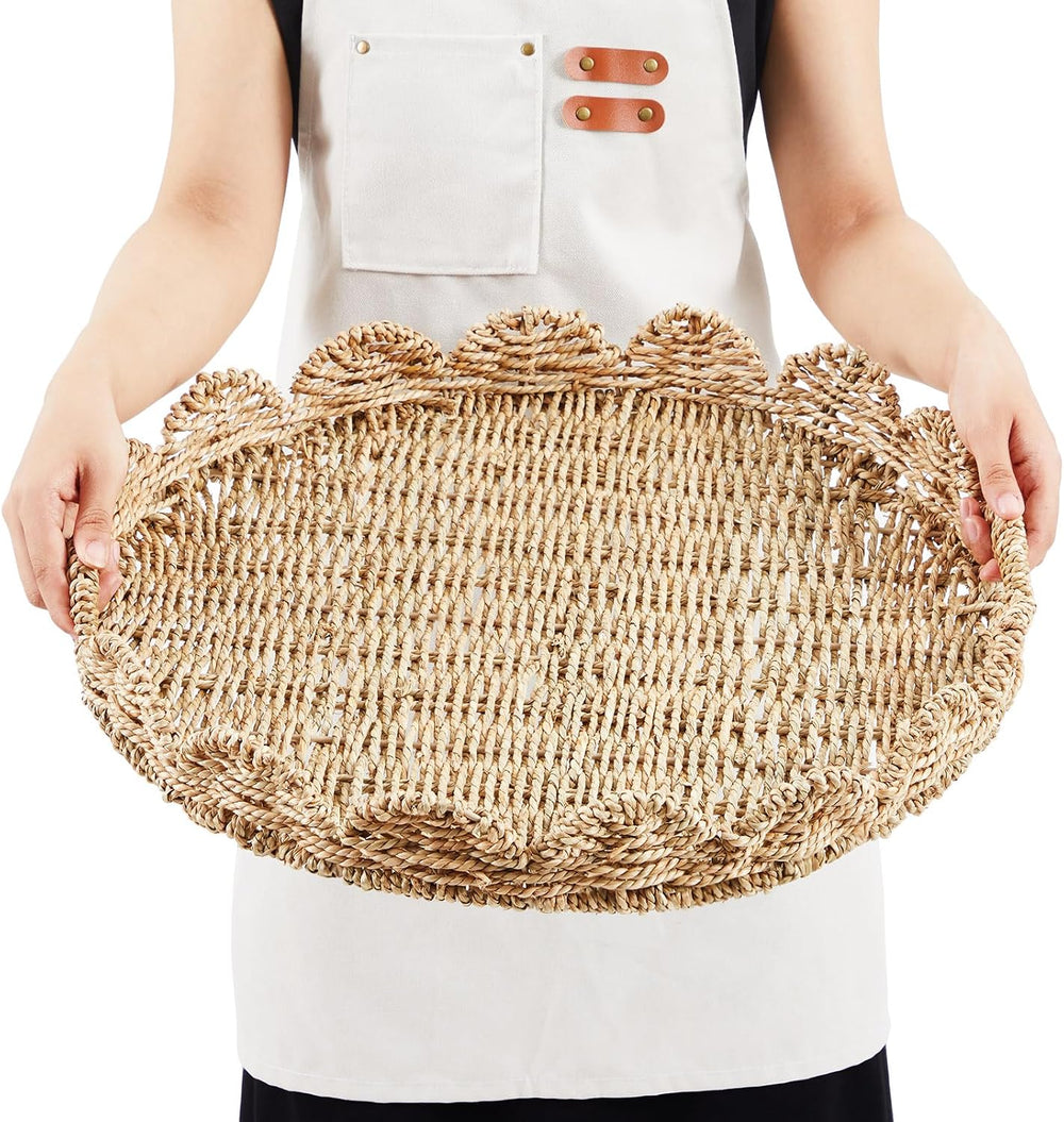 20" Round Wicker Serving Tray with Handles, Scalloped Rim, Seagrass