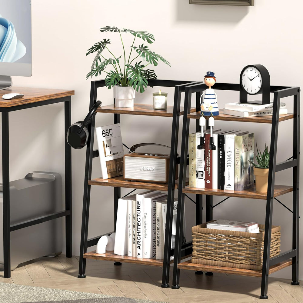 3-Tier Bookshelf, Ladder Shelf, Industrial Bookcase with Steel Frame, Metal S...
