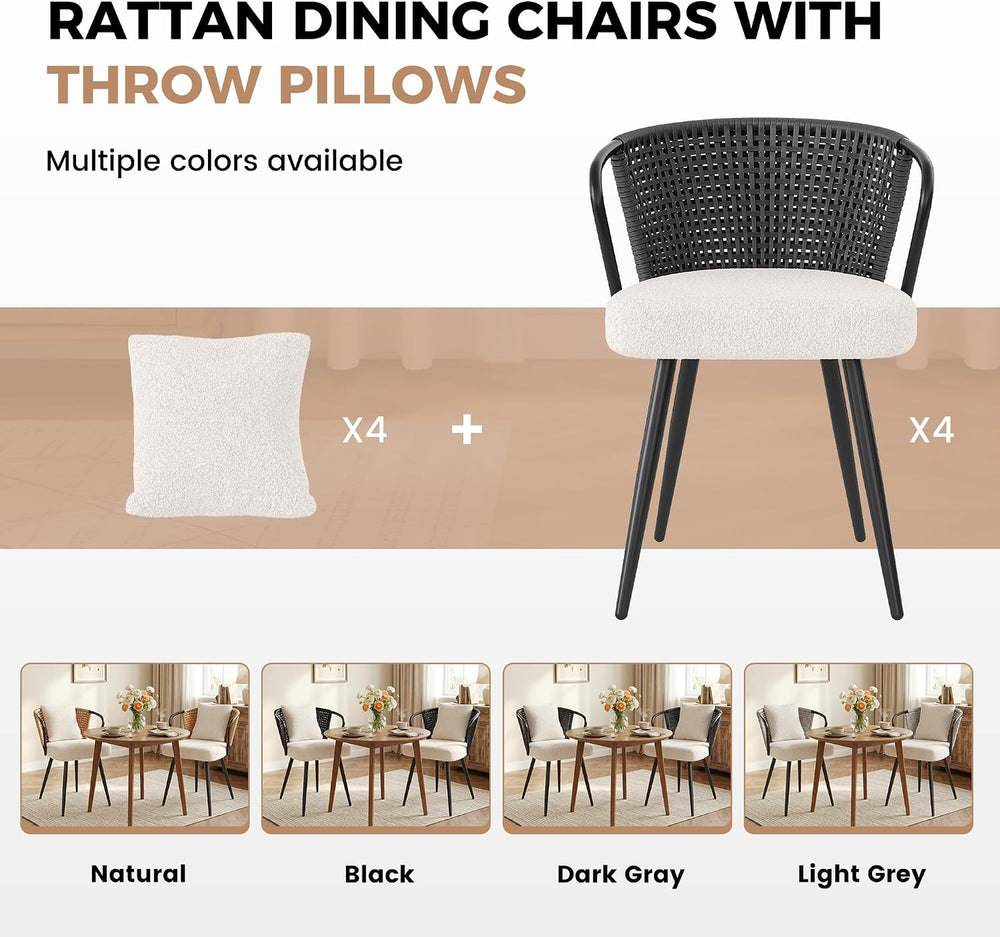 Rattan Dining Chairs Set of 4, Modern Upholstered Kitchen Chair with Metal Le...
