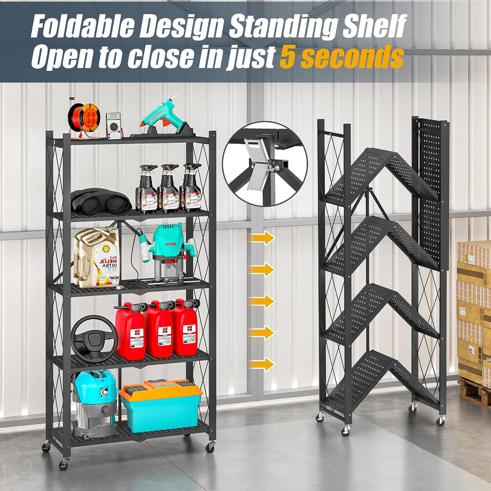 Storage Shelves with Wheels, 5 Tier Metal Collapsible Shelving Unit, Heavy Du...