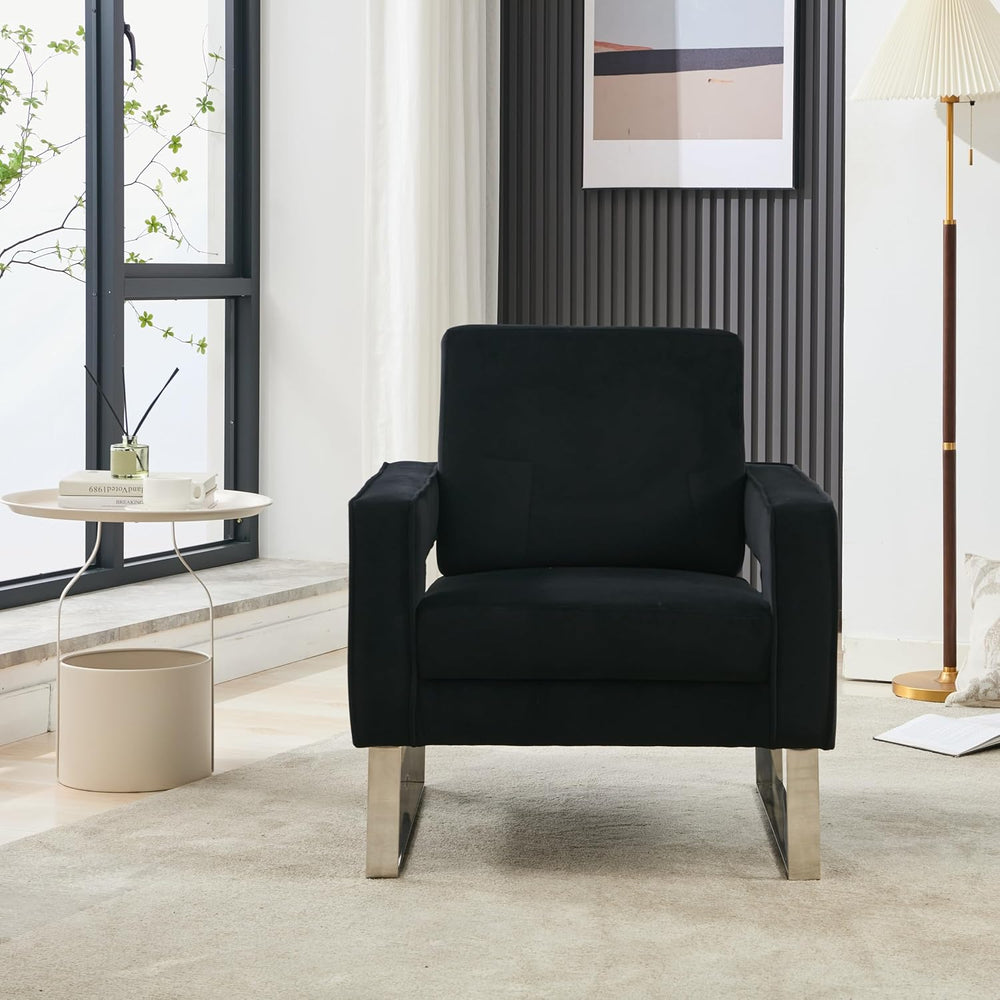 Velvet Accent Chair, Modern Armchair with Silver Base, Black