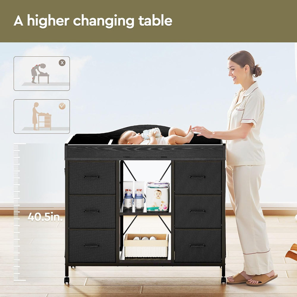 YeTom Changing Table, 6-Drawer Dresser, Adjustable Shelves, Mobile, Black