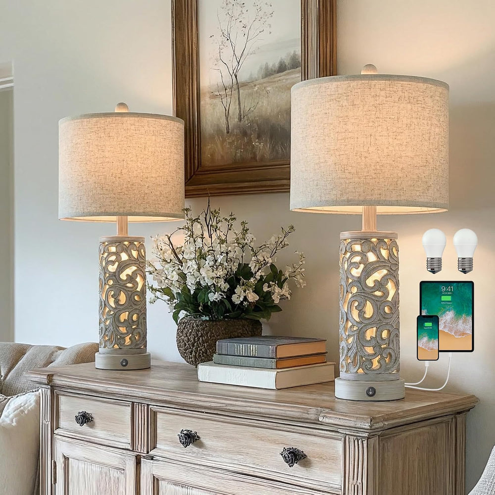 OYEARS Bedside Table Lamps Set of 2 with Night Light, 22'' Distressed...