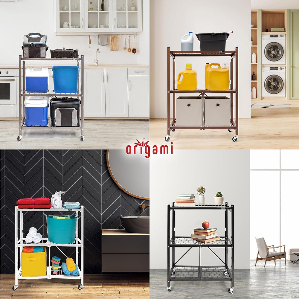 Origami 3-Tier Foldable Storage Shelves, Heavy Duty Shelf Rack Unit with Whee...