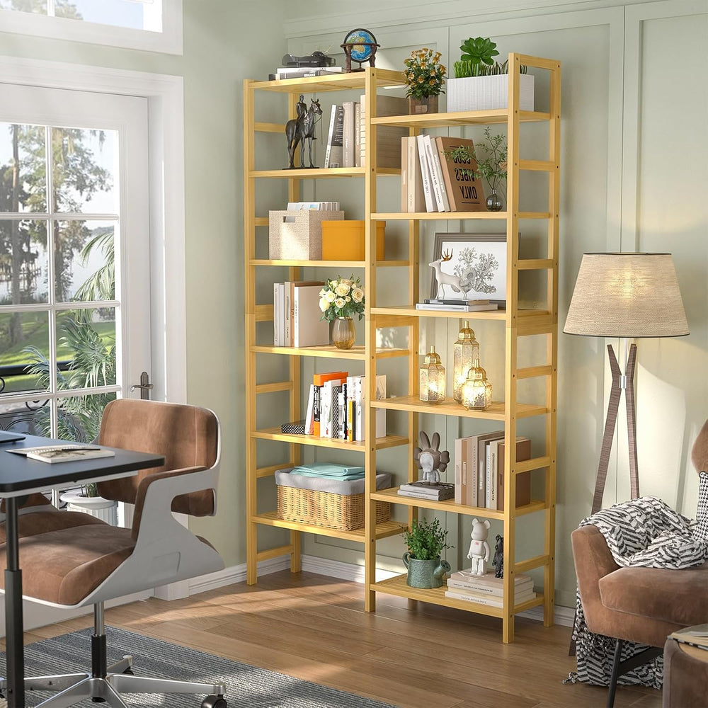 Homykic 72.5” Tall Bamboo Bookshelf, 6-Tier Double Wide Open Bookcase