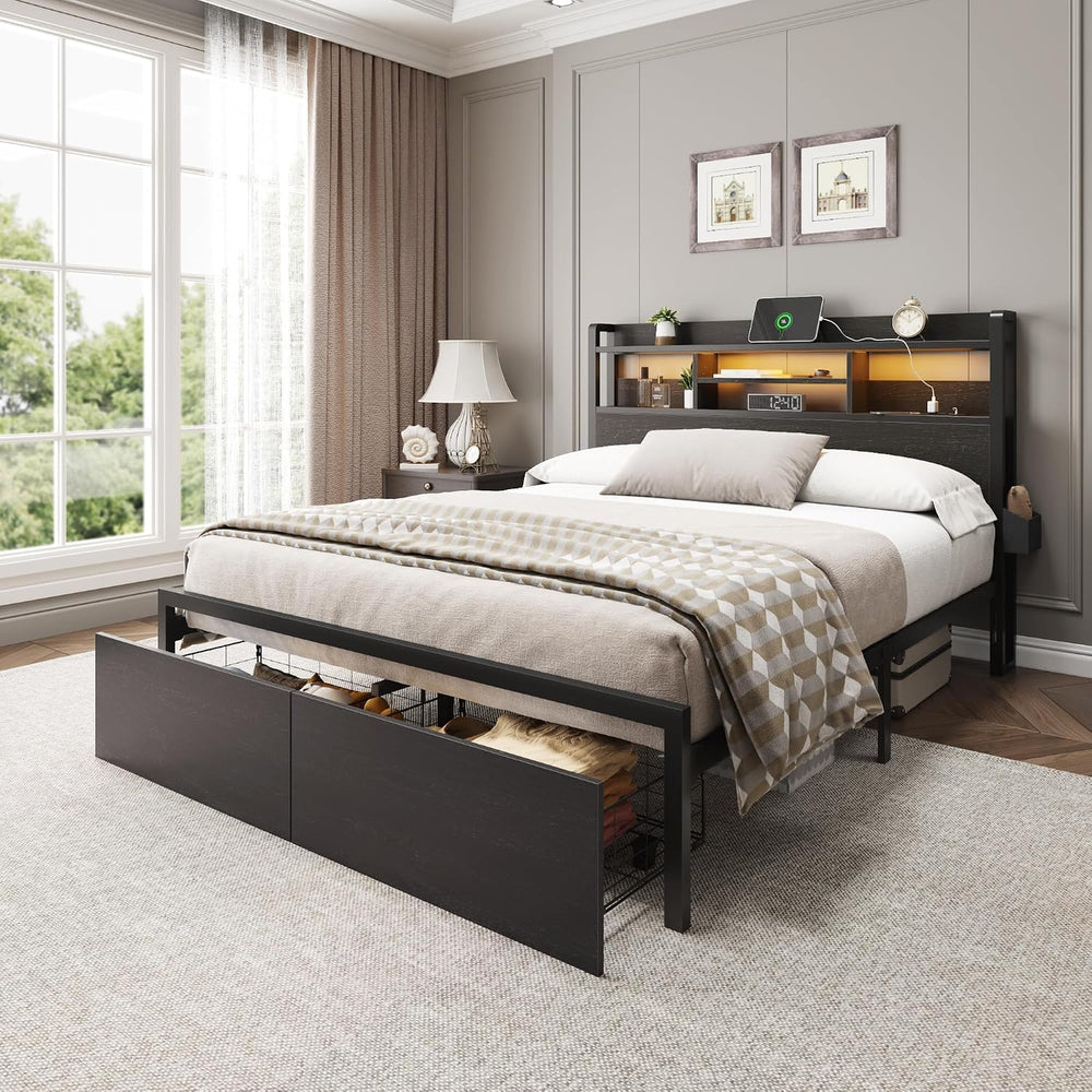 Furnulem Full Size Bed Frame with Headboard and Charging Station,2 Drawers