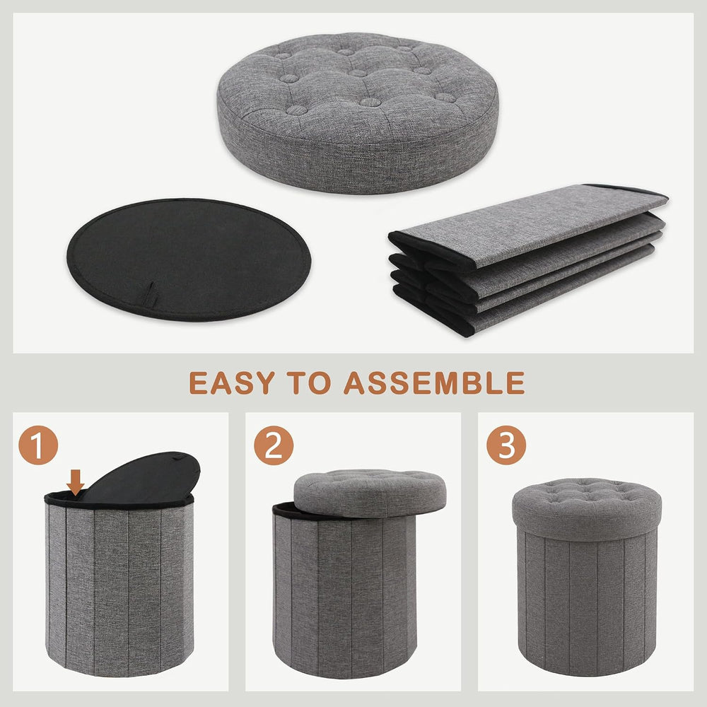 CAROLMADE Round Storage Ottoman, Linen Vanity Stool