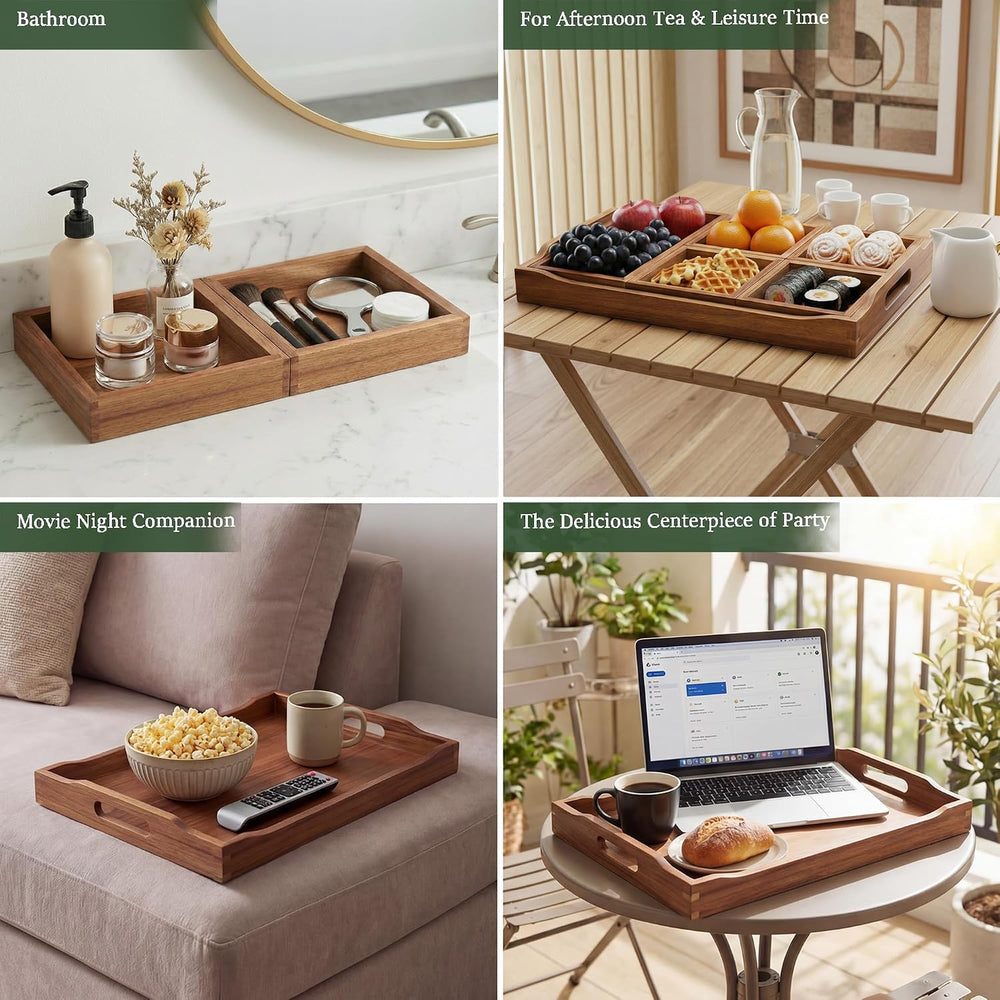 Acacia Wood Serving Tray with Handles for Ottoman Coffee Table