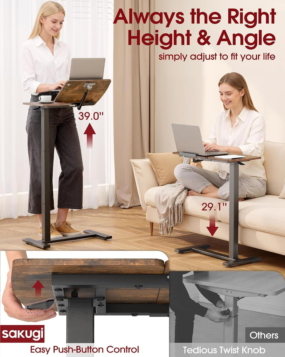 Sakugi Overbed Bedside Table with Wheels, Right-Side Tilt Top, 29.1"–39&...