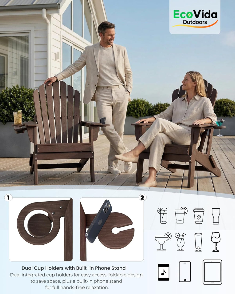 Adirondack Chair Set of 2 with 2 Cup Holders&Table, Coffee