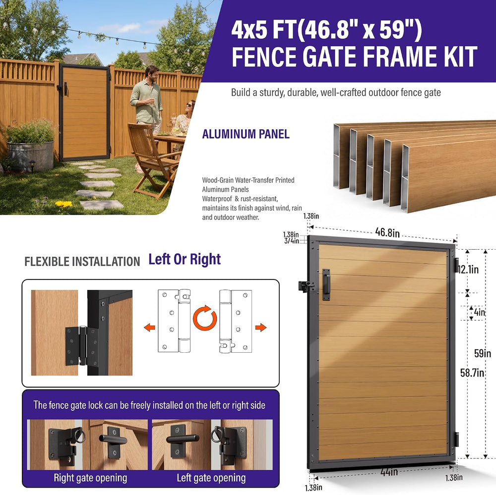 Hulave 4x5FT(46.8" Wx59 H) Fence Gate Kit Wood Grain Aluminum Panel, Brown