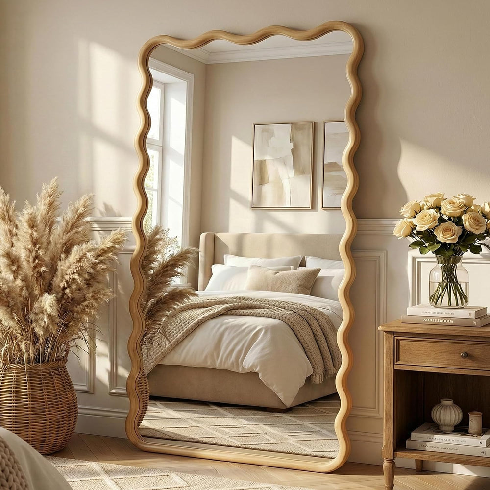 TRAHOME Wavy Wood Full Length Mirror, 55"x28" Boho Floor Mirror for...