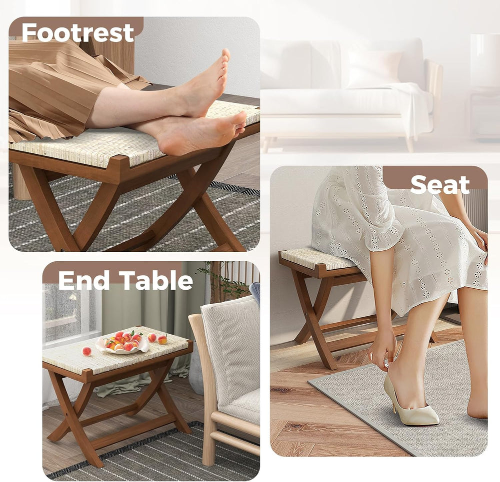 Tangkula Folding Natural Rattan Ottoman, Saddle Footrest Stool with Hand-Wove...