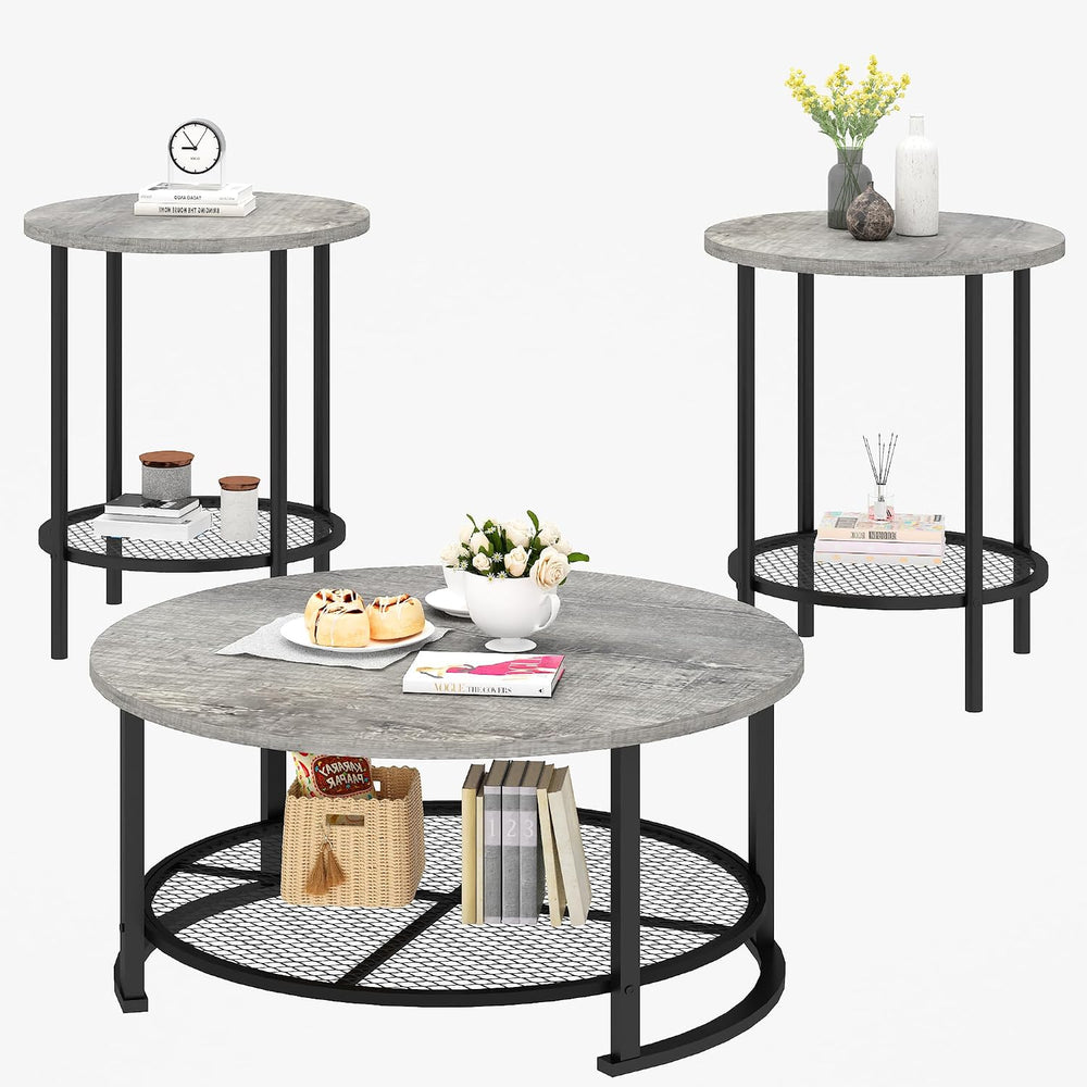 Recaceik Round Coffee Table and End Table Set of 3 with Storage, Modern Vinta...