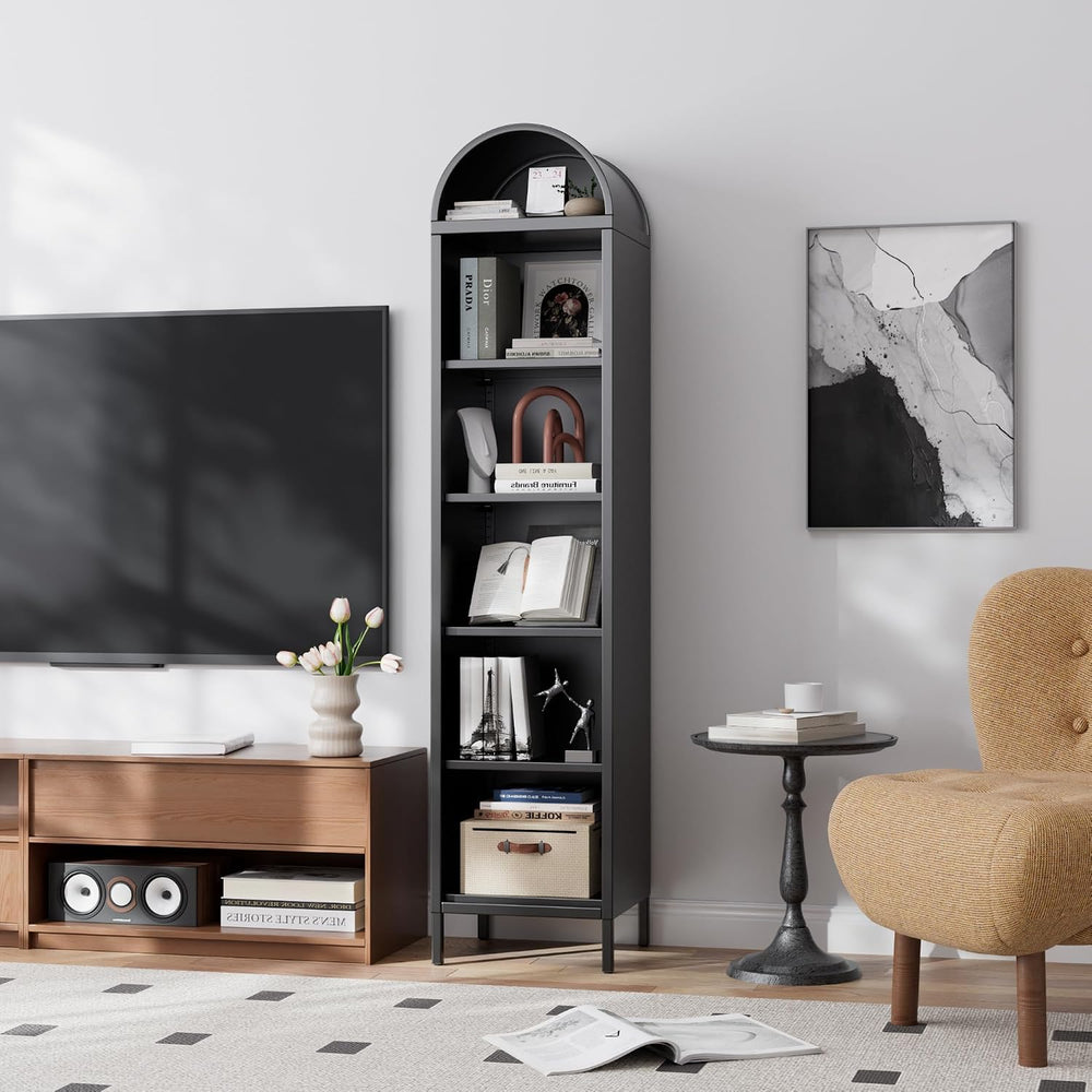 Aobabo 73-Inch Metal Arched Bookcase, Narrow Black Bookshelf