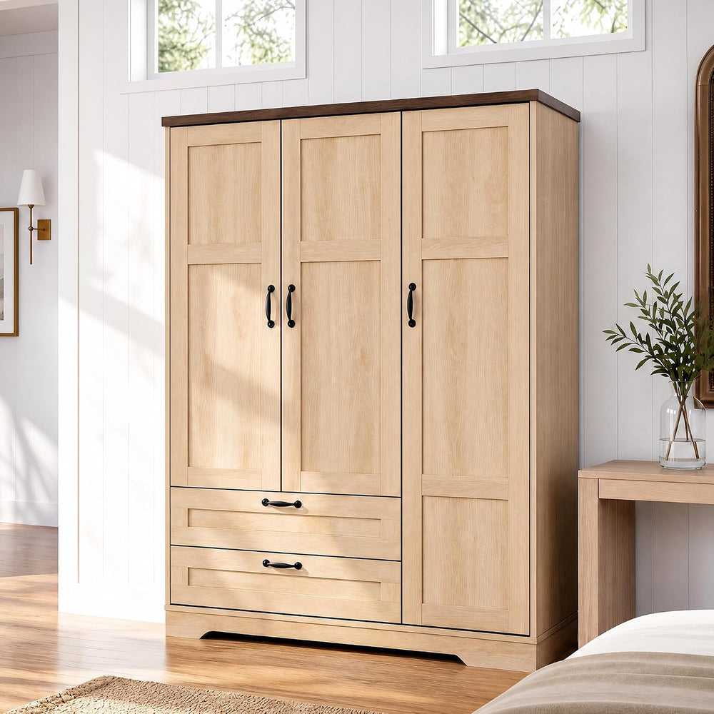 Yechen 62" Wooden Armoire Wardrobe Closet with 3 Doors & 2 Drawers, ...