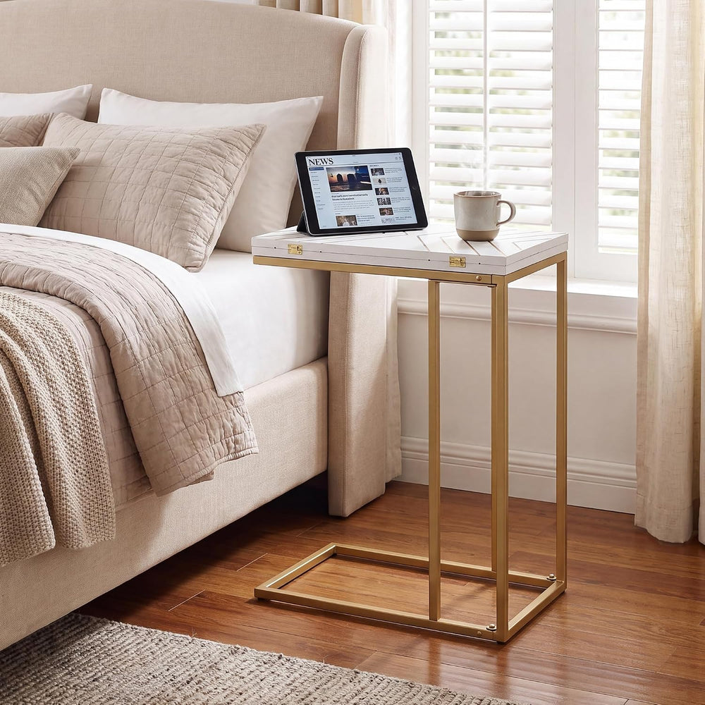 Folding C Shaped Side Table, Expandable TV Tray Table with Flip Top