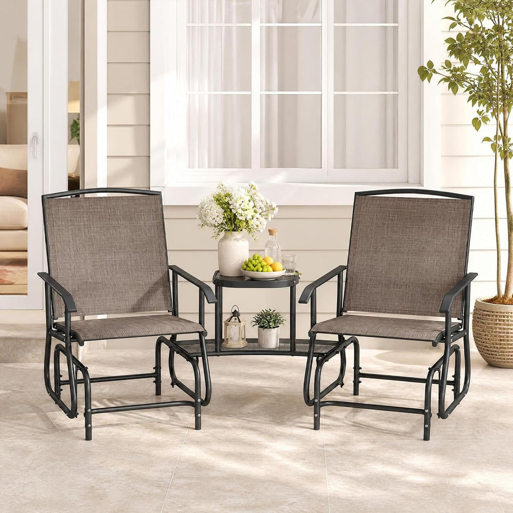 GIANTEX Outdoor Glider Chairs with 2-Tier Center Table, 2-Person Loveseat