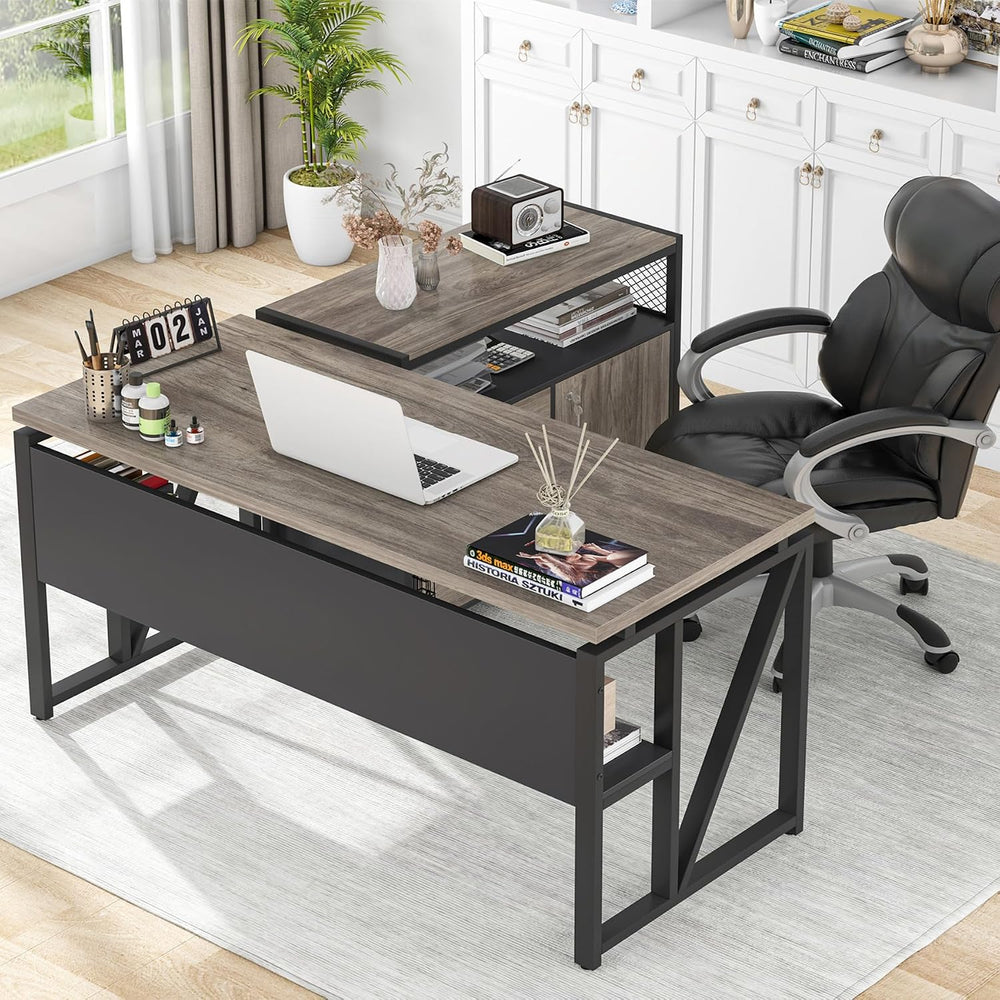 Tribesigns Grey Executive Desk with Cabinet, 55" L Shaped Computer Desk ...