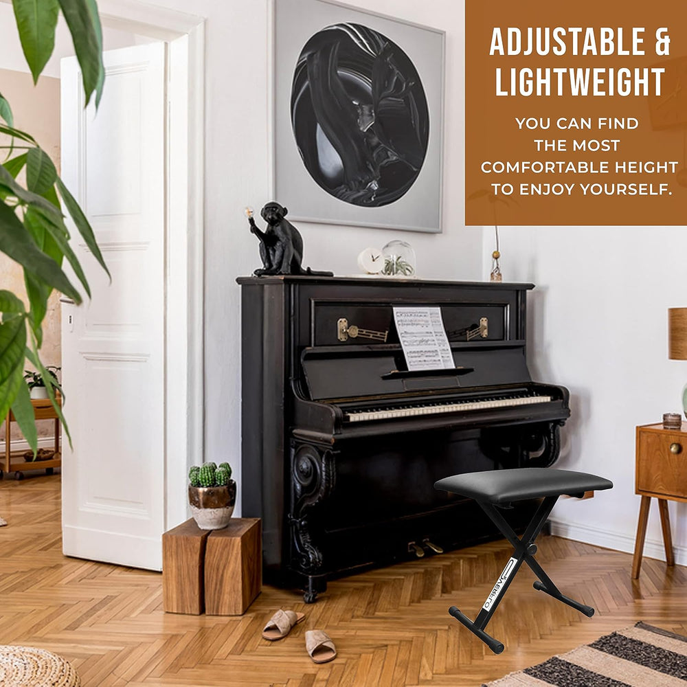 Adjustable Black Piano Bench with Padded Leather Cushion Wooden Benches for K...