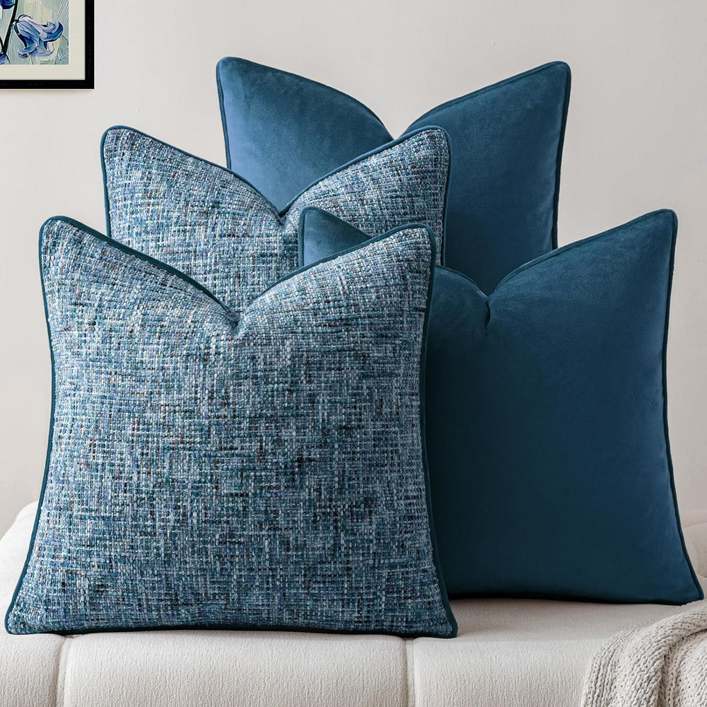 a moment Blue 4 Pack Throw Pillow Covers - Chenille & Velvet Set with Pip...